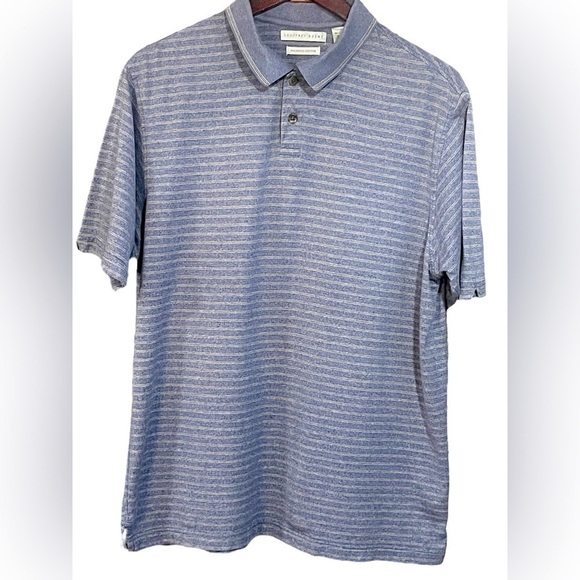Geoffrey Beene Men's Short Sleeve Polo Shirt Blue with White Stripes Size Medium - Picture 1 of 12